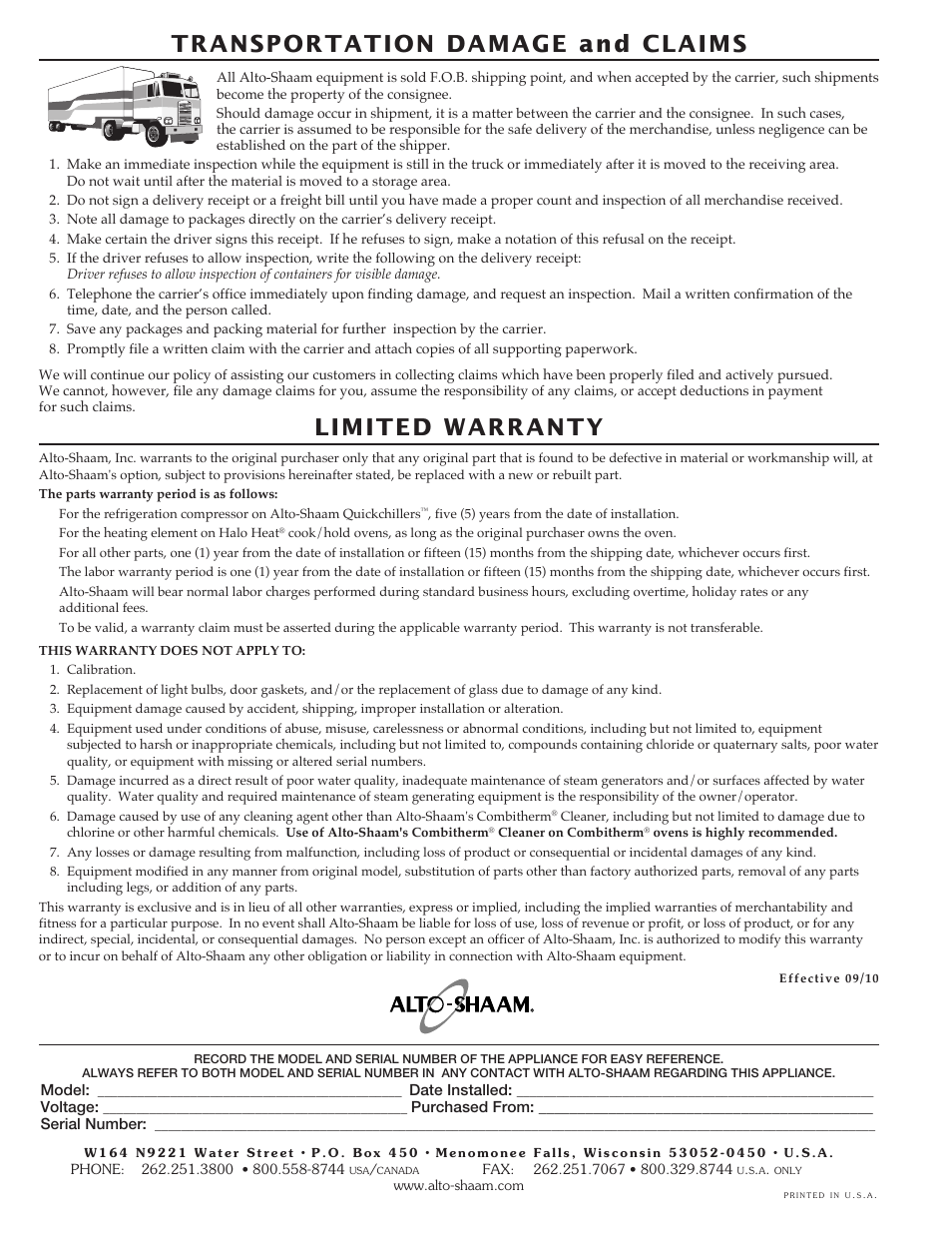 Transportation damage and claims, Limited warranty | Alto-Shaam COOKING & HOLDING OVEN AS-250 User Manual | Page 24 / 24