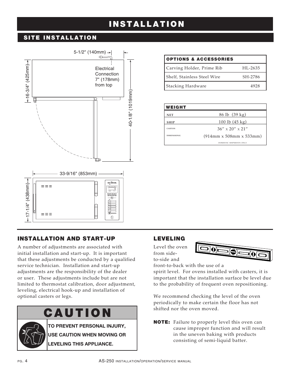 Installation and start-up, Leveling | Alto-Shaam COOKING & HOLDING OVEN AS-250 User Manual | Page 6 / 24