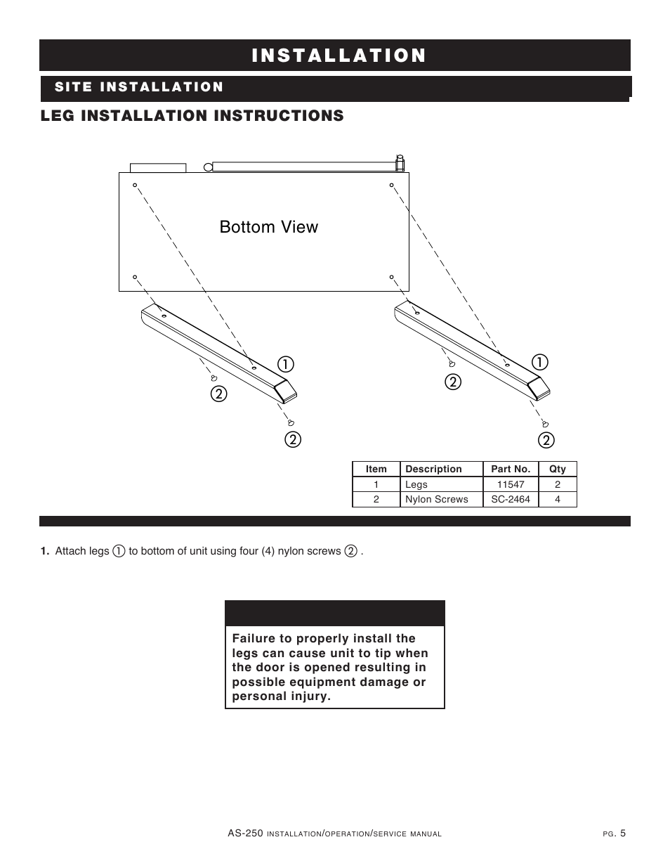 Leg installation instructions, Warning | Alto-Shaam COOKING & HOLDING OVEN AS-250 User Manual | Page 7 / 24