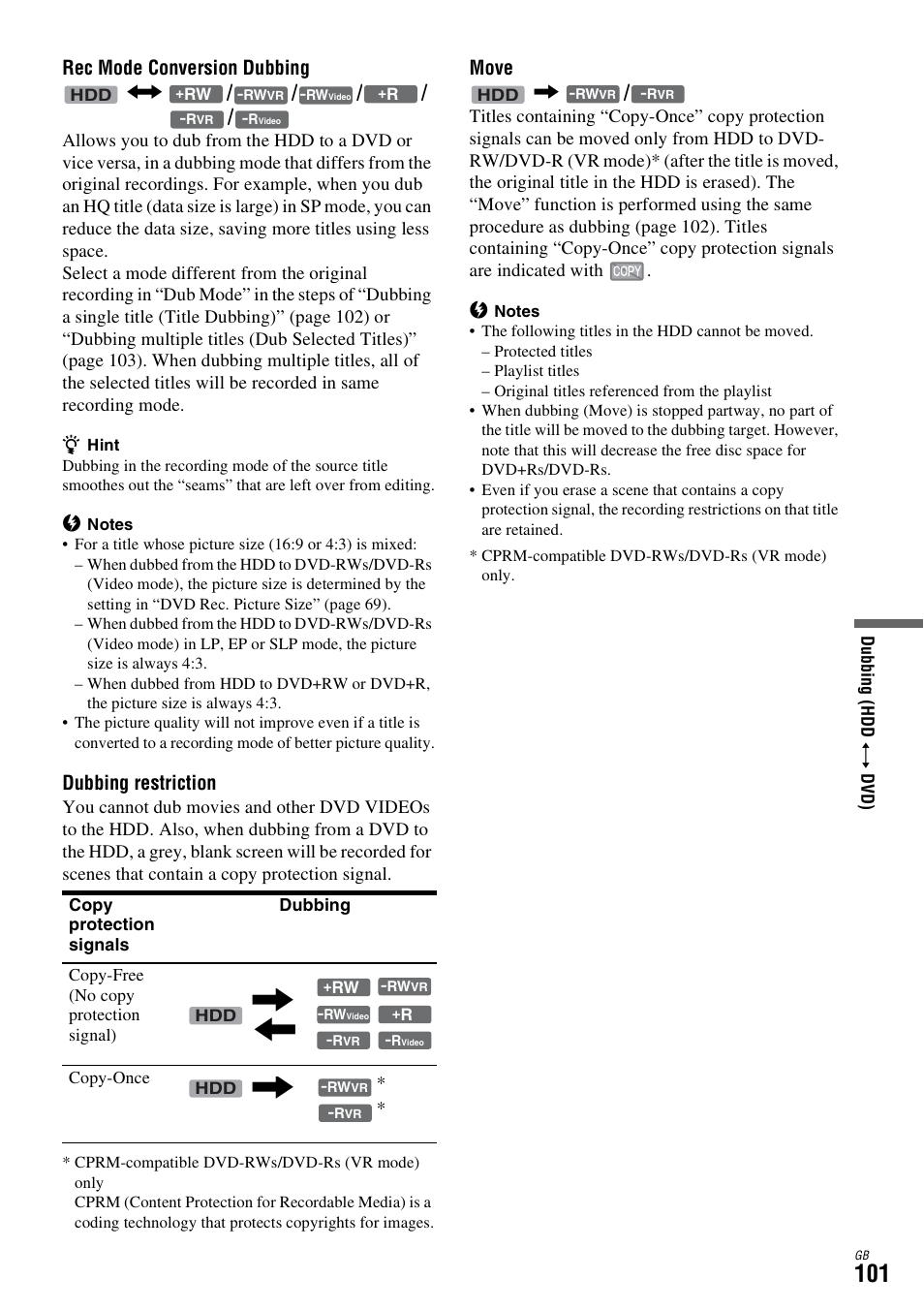 Rec mode conversion dubbing n, Dubbing restriction, Move | Sony DAR-X1R User Manual | Page 101 / 623