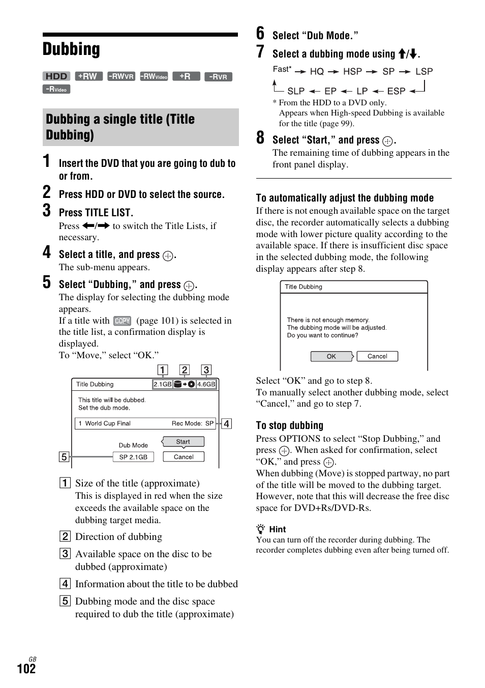 Dubbing, Dubbing a single title (title dubbing), Dubbing 1 | Sony DAR-X1R User Manual | Page 102 / 623