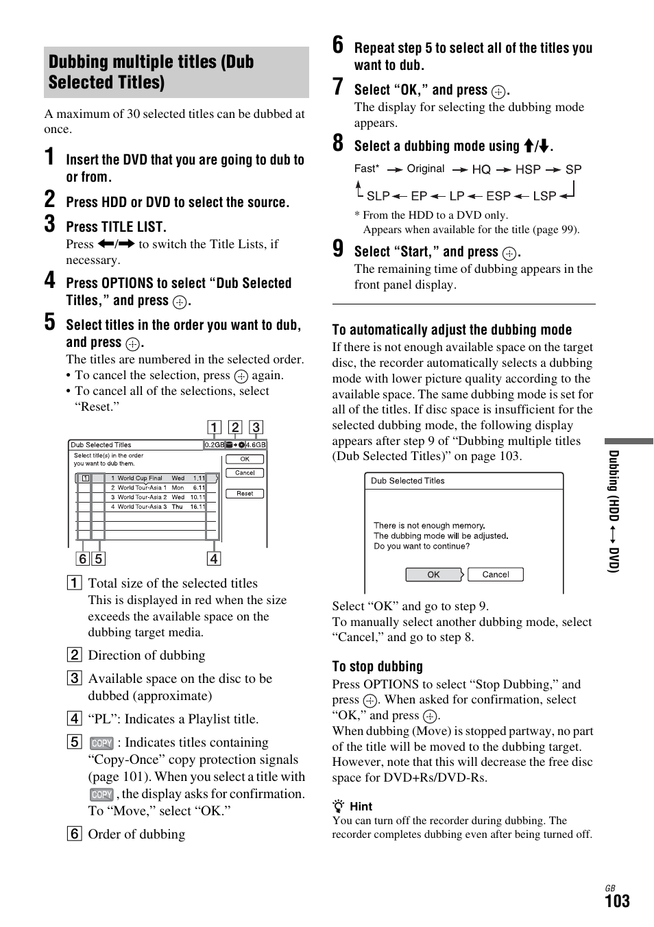 Dubbing multiple titles (dub selected titles) | Sony DAR-X1R User Manual | Page 103 / 623