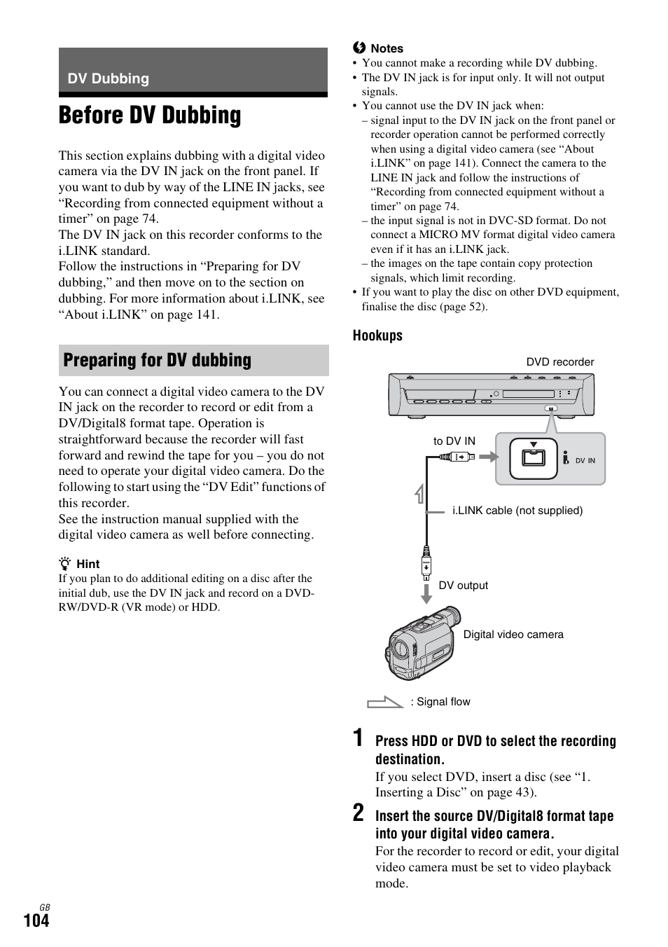 Dv dubbing, Before dv dubbing, Preparing for dv dubbing | Sony DAR-X1R User Manual | Page 104 / 623