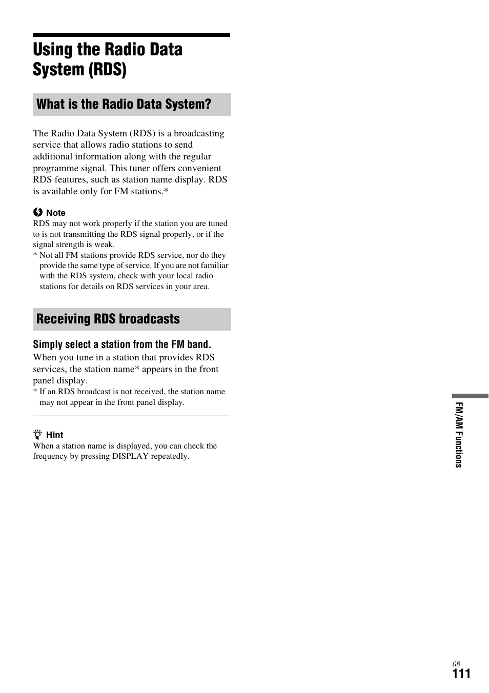 Using the radio data system (rds), What is the radio data system, Receiving rds broadcasts | Sony DAR-X1R User Manual | Page 111 / 623