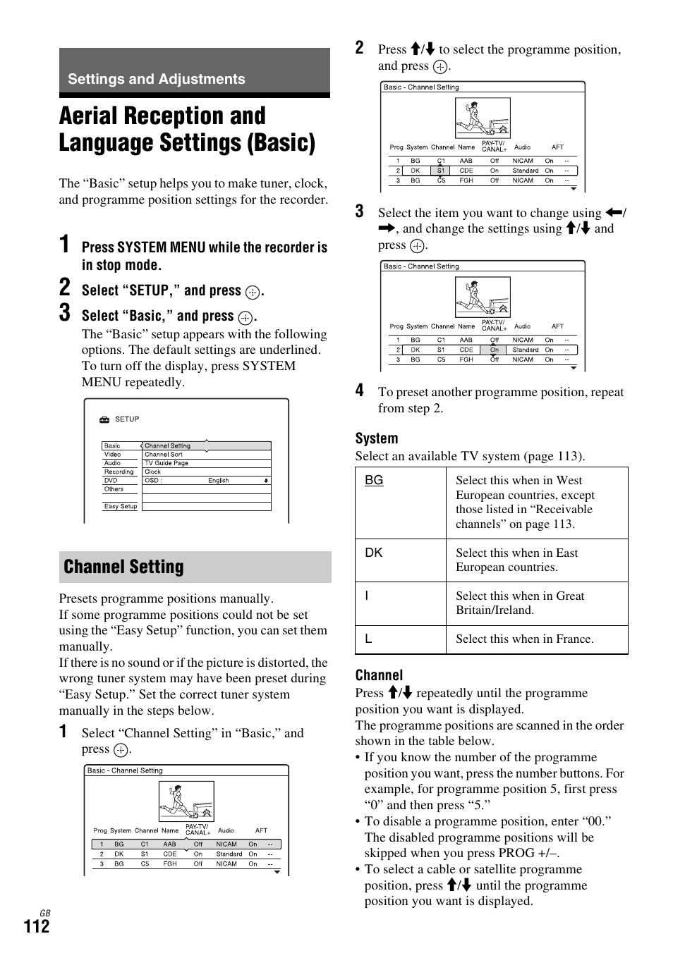 Settings and adjustments, Aerial reception and language settings (basic), Channel setting | Sony DAR-X1R User Manual | Page 112 / 623