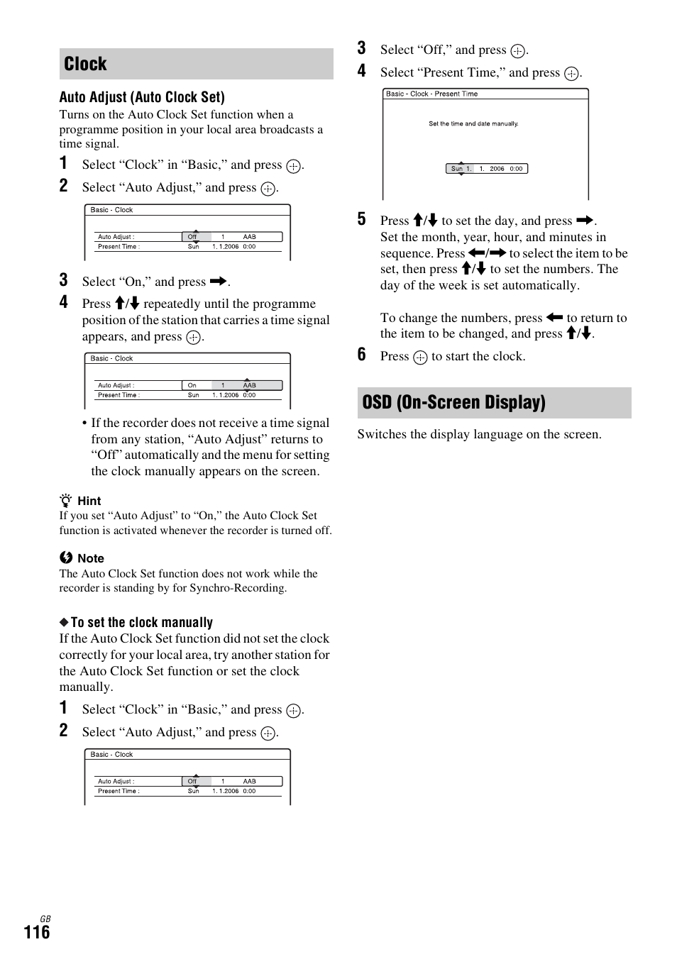 Clock, Osd (on-screen display), Clock osd (on-screen display) | Sony DAR-X1R User Manual | Page 116 / 623