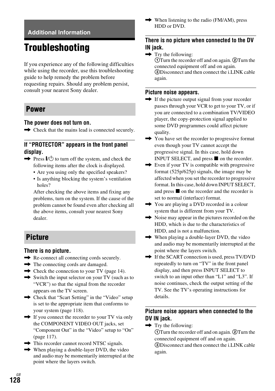 Additional information, Troubleshooting, Power picture | Sony DAR-X1R User Manual | Page 128 / 623