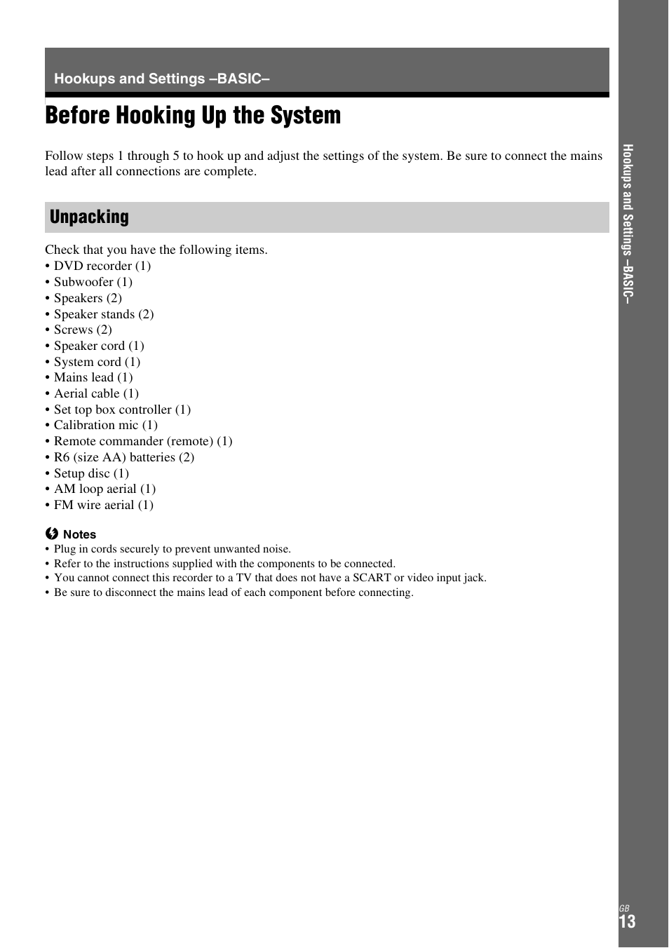 Hookups and settings -basic, Before hooking up the system, Unpacking | Hookups and settings –basic | Sony DAR-X1R User Manual | Page 13 / 623