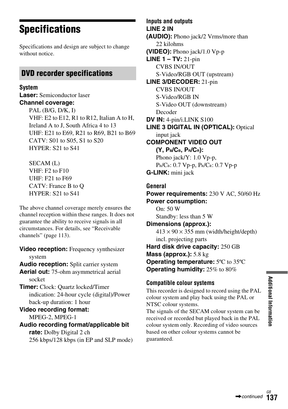 Specifications, Dvd recorder specifications | Sony DAR-X1R User Manual | Page 137 / 623