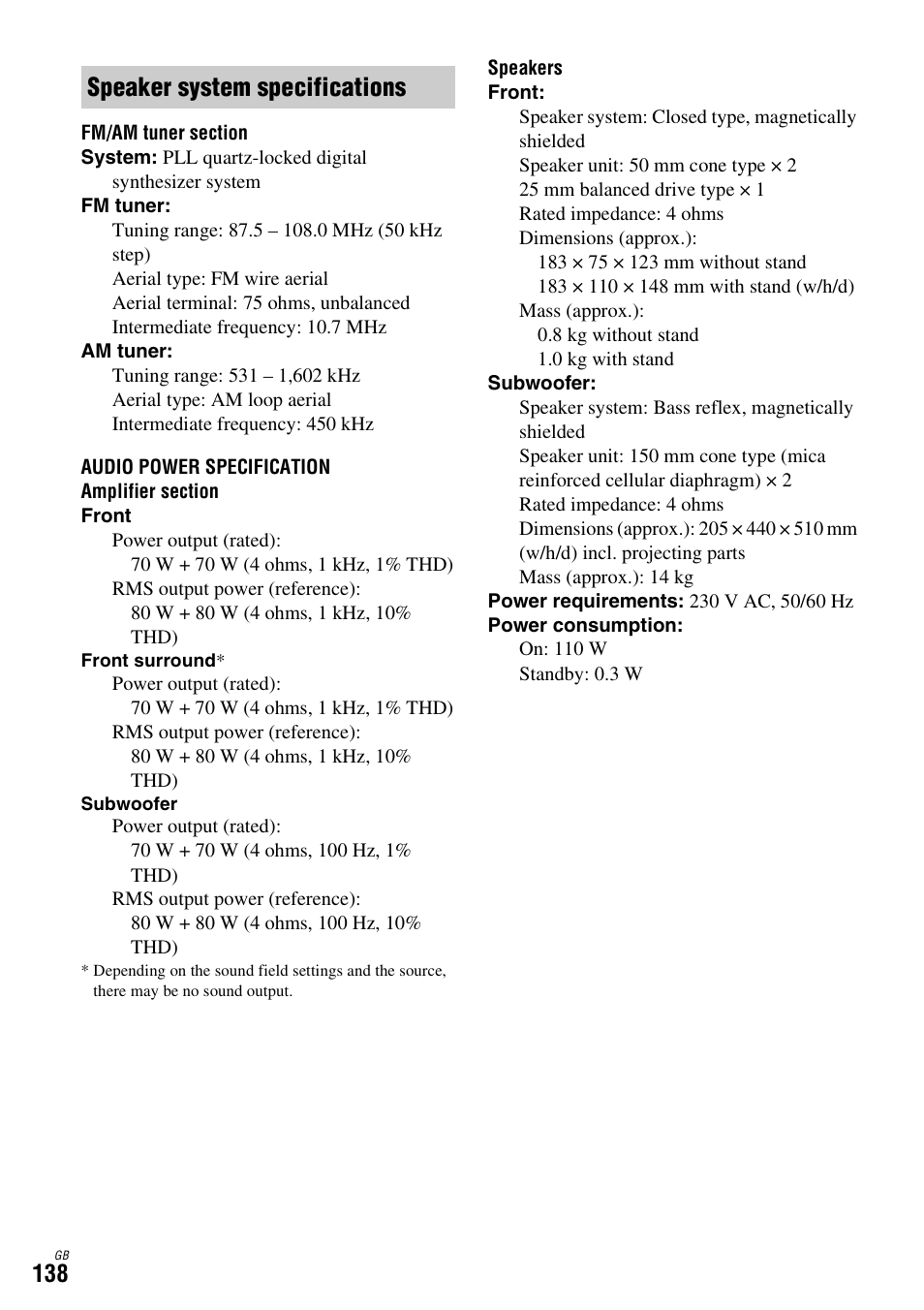 Speaker system specifications | Sony DAR-X1R User Manual | Page 138 / 623