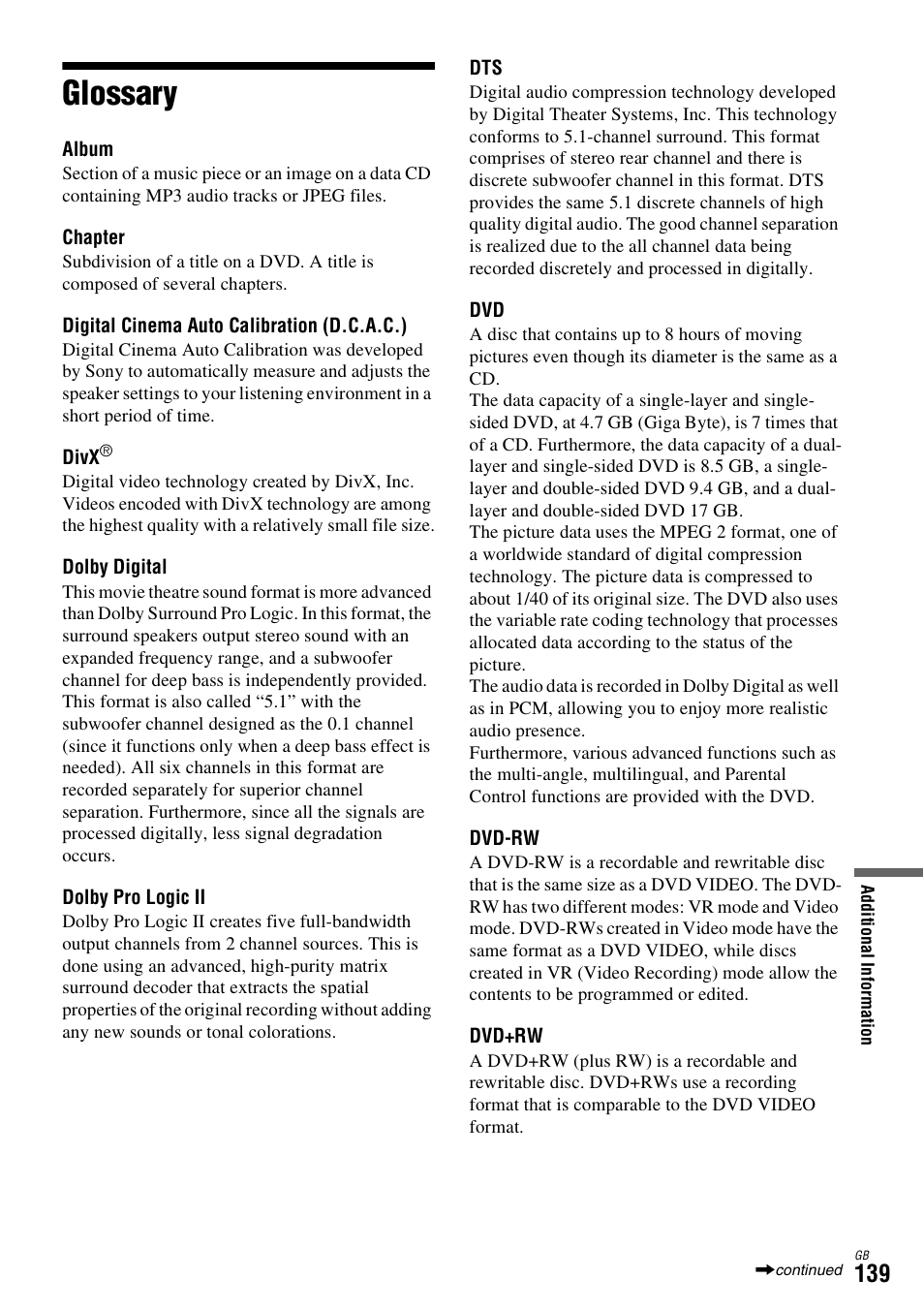 Glossary | Sony DAR-X1R User Manual | Page 139 / 623