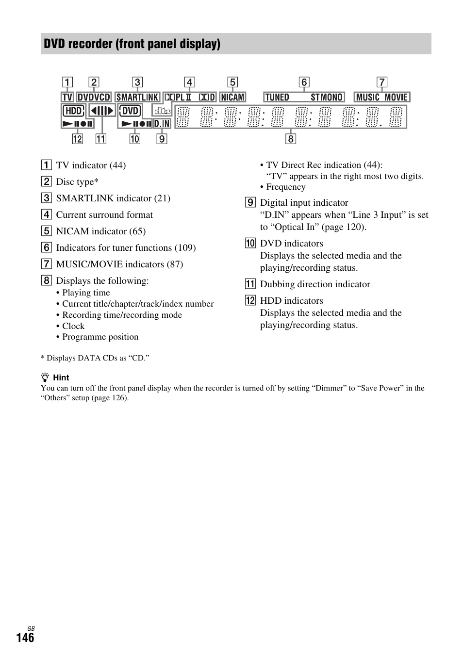 Dvd recorder (front panel display) | Sony DAR-X1R User Manual | Page 146 / 623