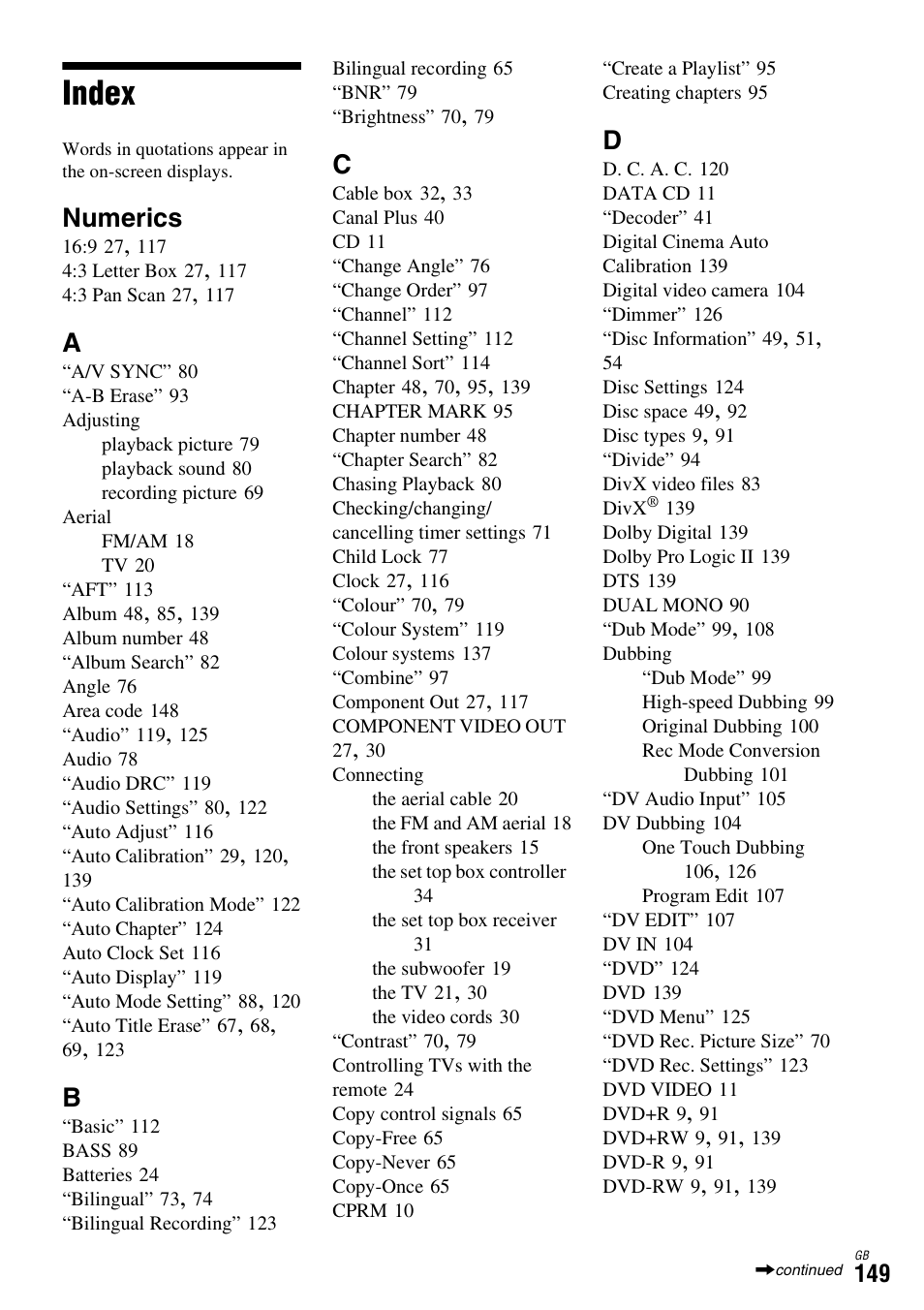 Index, Numerics | Sony DAR-X1R User Manual | Page 149 / 623