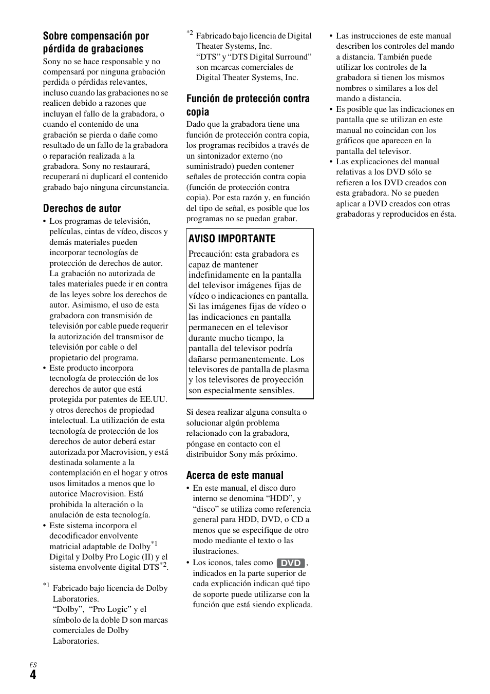 Sobre compensación por pérdida de grabaciones, Derechos de autor, Función de protección contra copia | Acerca de este manual, Aviso importante | Sony DAR-X1R User Manual | Page 154 / 623