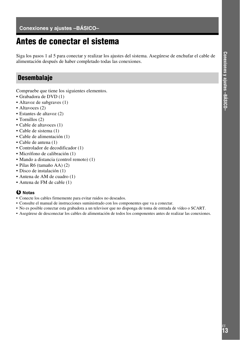 Conexiones y ajustes -básico, Antes de conectar el sistema, Desembalaje | Conexiones y ajustes –básico | Sony DAR-X1R User Manual | Page 163 / 623