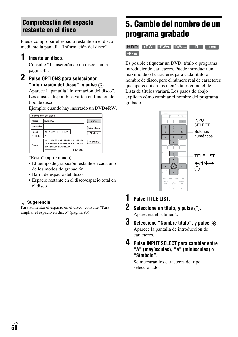 Comprobación del espacio restante en el disco, Cambio del nombre de un programa grabado | Sony DAR-X1R User Manual | Page 200 / 623