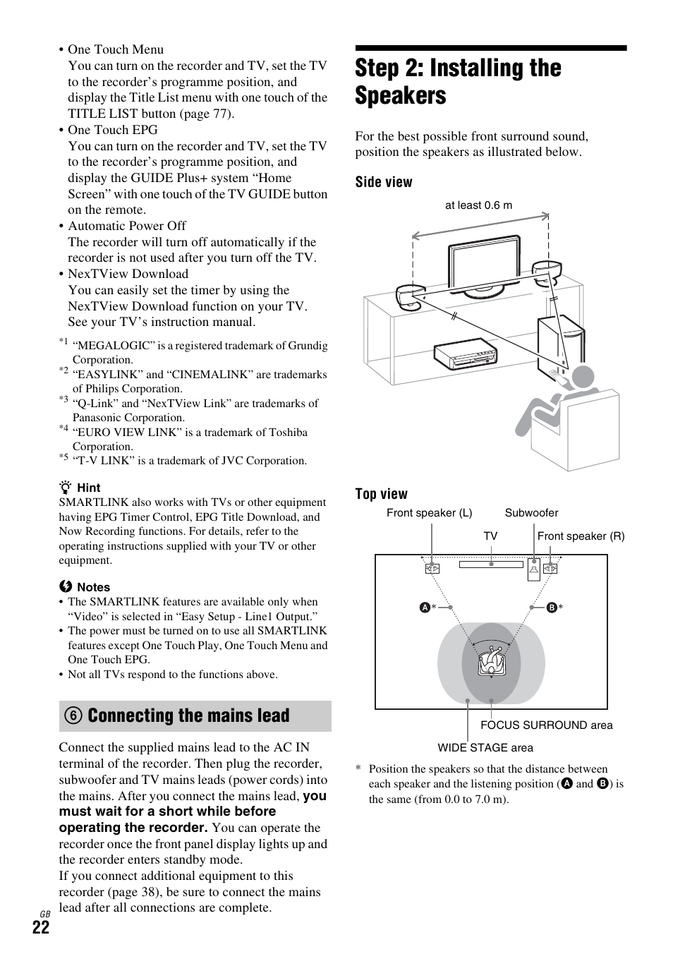 6 connecting the mains lead, Step 2: installing the speakers, Connecting the | 6connecting the mains lead | Sony DAR-X1R User Manual | Page 22 / 623