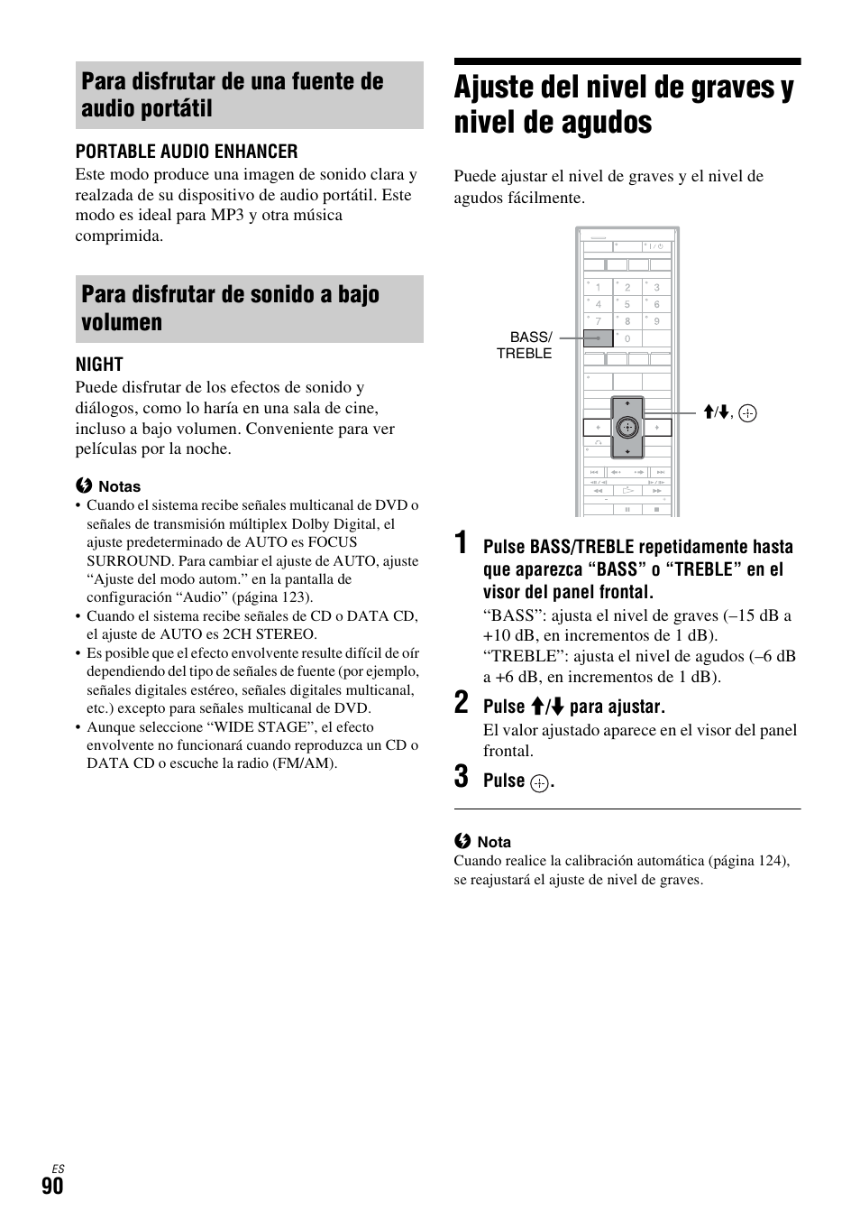 Para disfrutar de una fuente de audio portátil, Para disfrutar de sonido a bajo volumen, Ajuste del nivel de graves y nivel de agudos | Sony DAR-X1R User Manual | Page 240 / 623