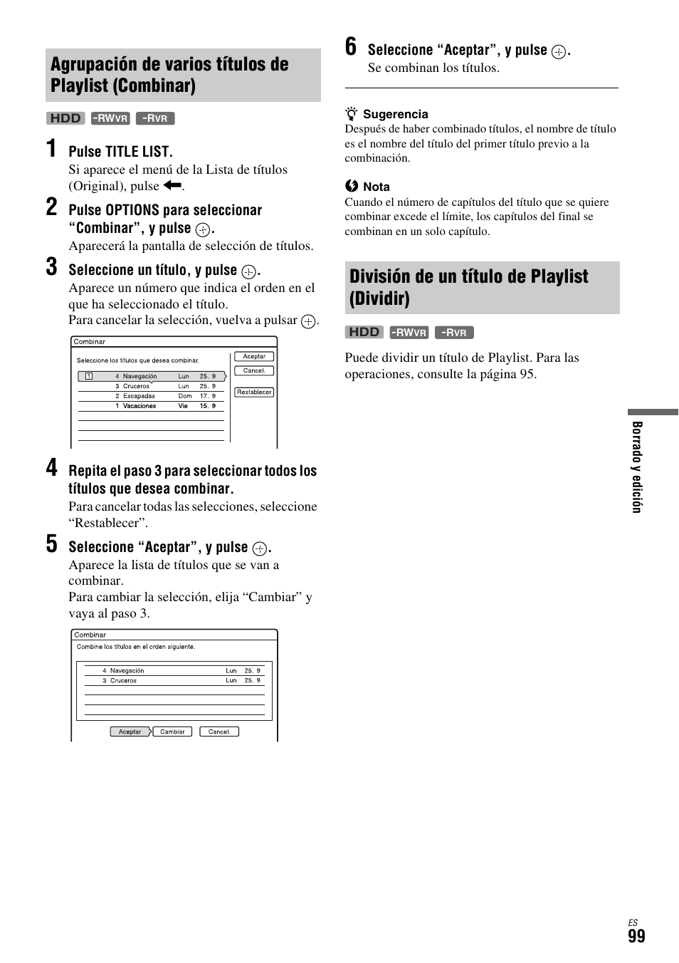 División de un título de playlist (dividir) | Sony DAR-X1R User Manual | Page 249 / 623