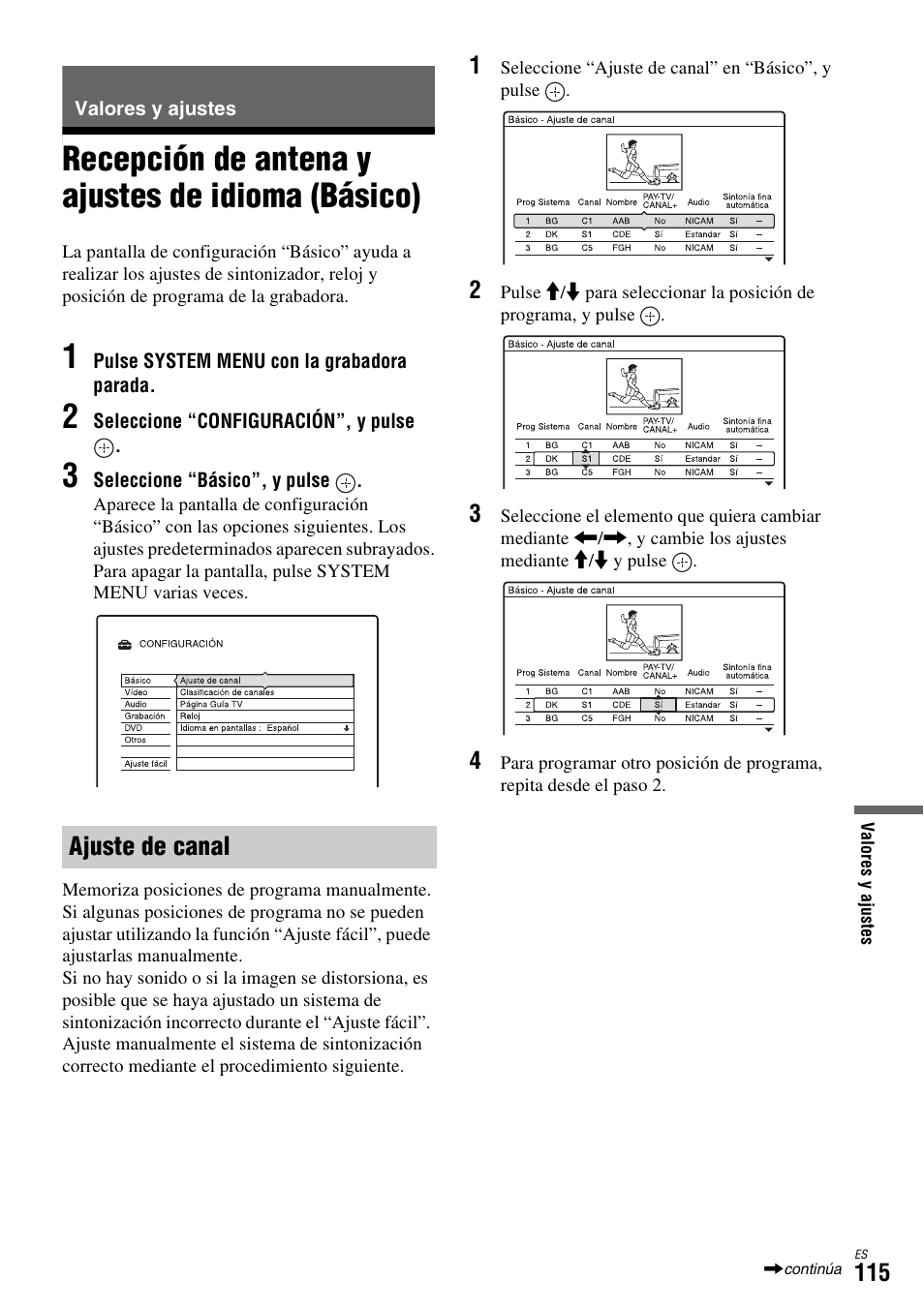 Valores y ajustes, Recepción de antena y ajustes de idioma (básico), Ajuste de canal | Sony DAR-X1R User Manual | Page 265 / 623