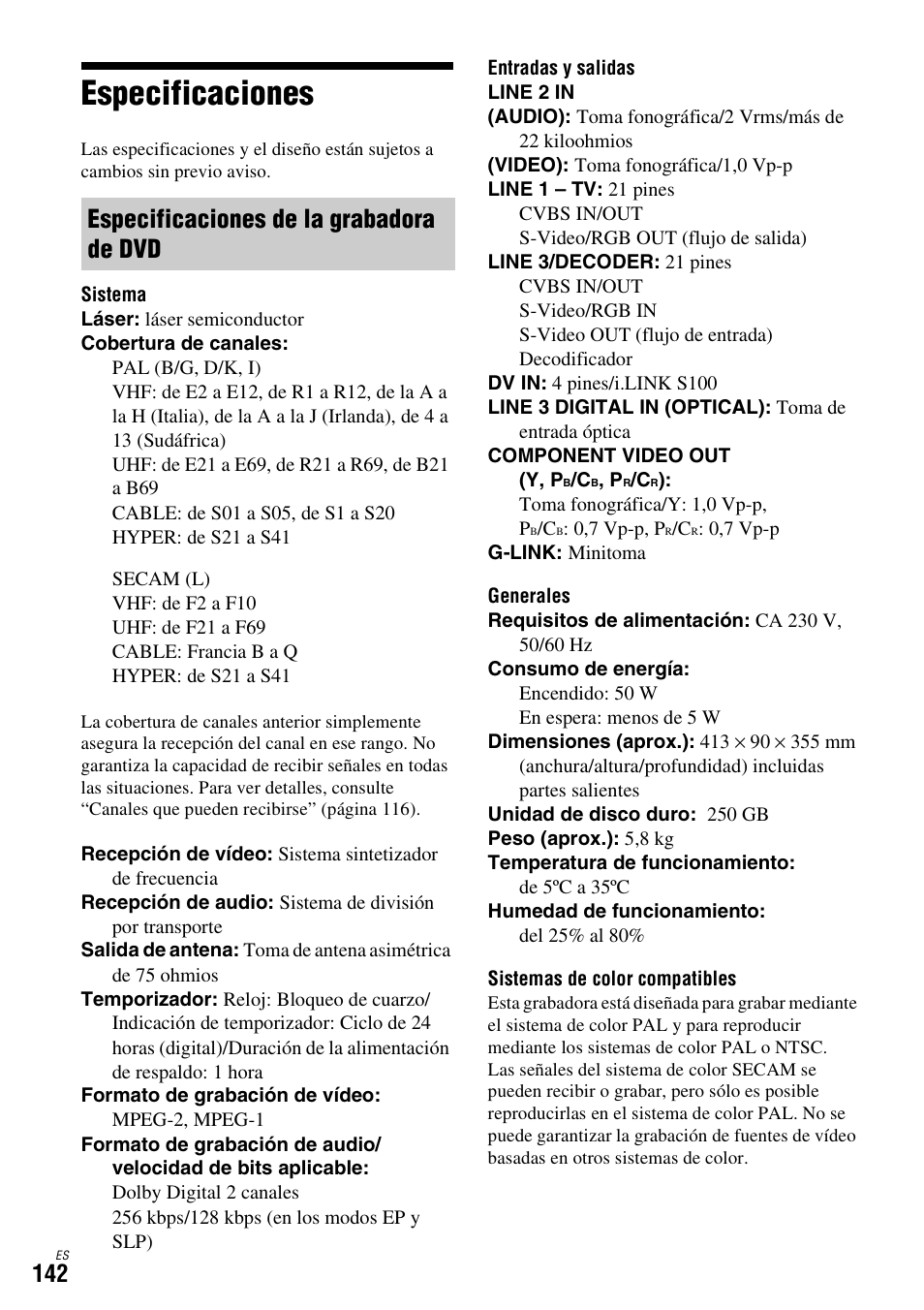 Especificaciones, Especificaciones de la grabadora de dvd | Sony DAR-X1R User Manual | Page 292 / 623