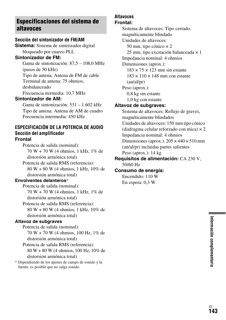 Especificaciones del sistema de altavoces | Sony DAR-X1R User Manual | Page 293 / 623