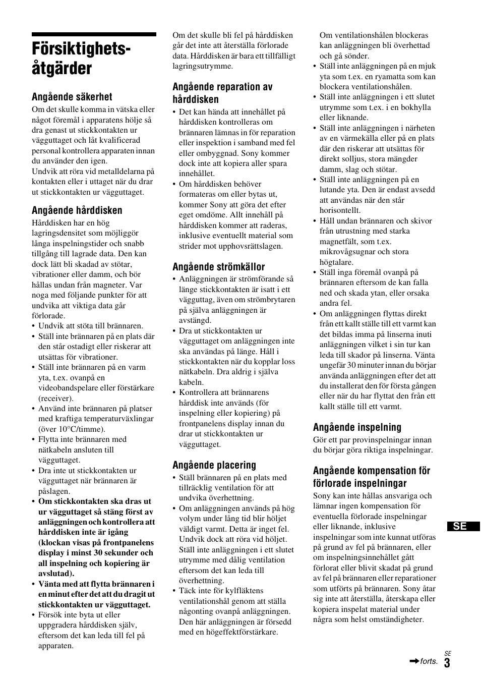 Försiktighetsåtgärder, Försiktighets- åtgärder | Sony DAR-X1R User Manual | Page 309 / 623