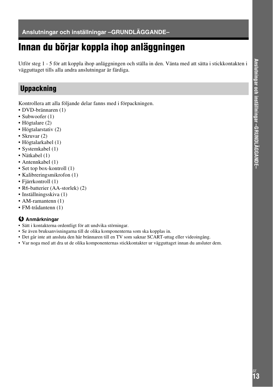 Anslutningar och inställningar -grundläggande, Innan du börjar koppla ihop anläggningen, Uppackning | Anslutningar och inställningar –grundläggande | Sony DAR-X1R User Manual | Page 319 / 623