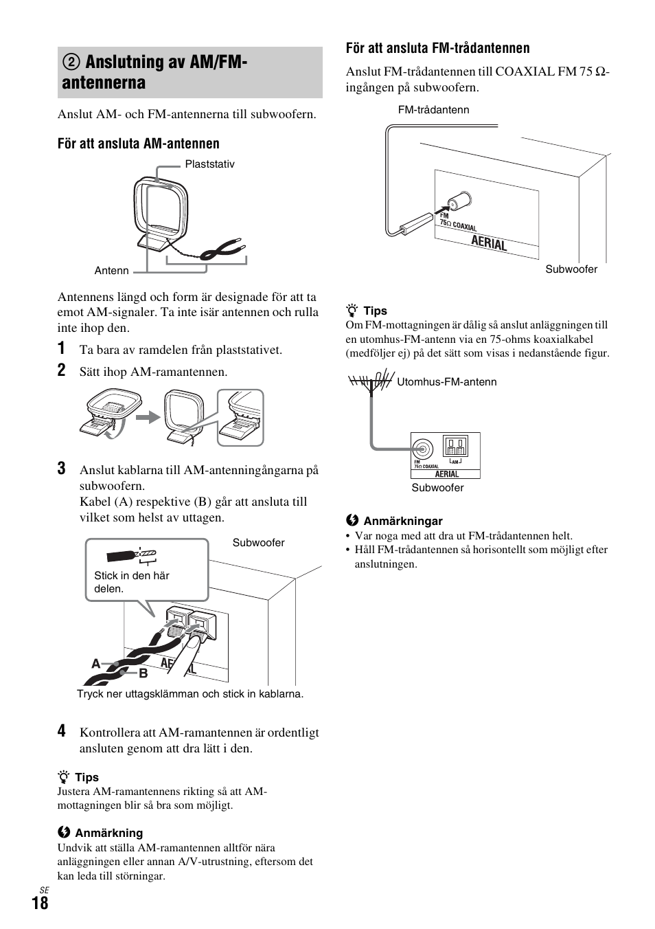 2 anslutning av am/fm- antennerna, Anslutning av am/fm, Antennerna (sidan 18) | 2anslutning av am/fm- antennerna | Sony DAR-X1R User Manual | Page 324 / 623