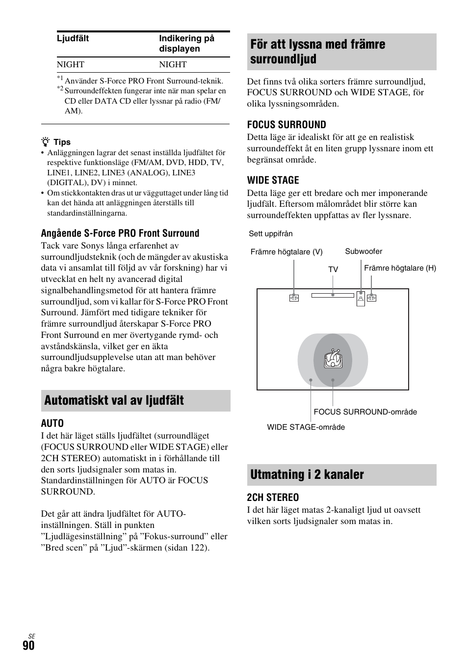 Automatiskt val av ljudfält, För att lyssna med främre surroundljud, Utmatning i 2 kanaler | Sony DAR-X1R User Manual | Page 396 / 623