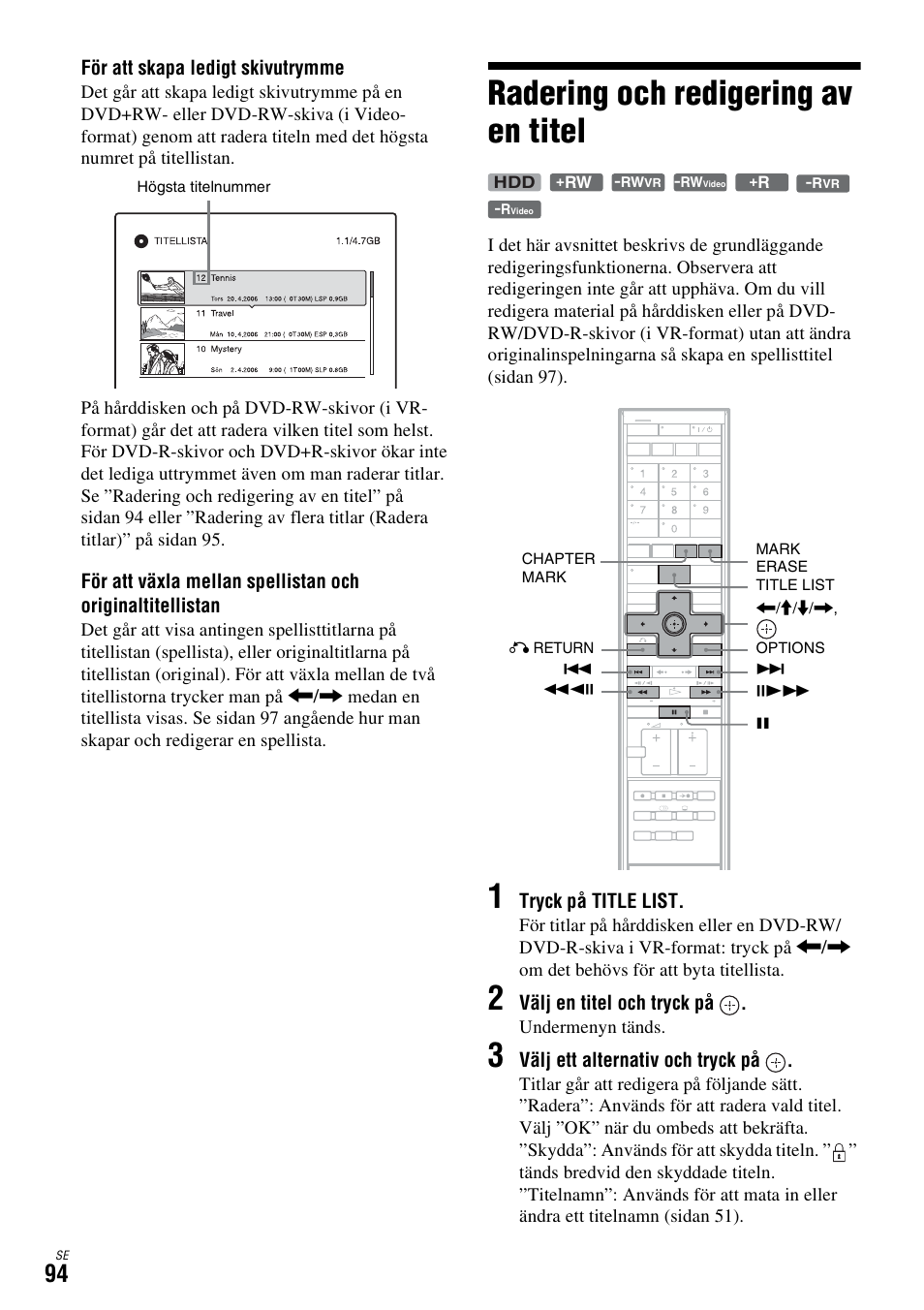 Radering och redigering av en titel, G (sidan 94), R (sidan 94) | Sidan 94) | Sony DAR-X1R User Manual | Page 400 / 623