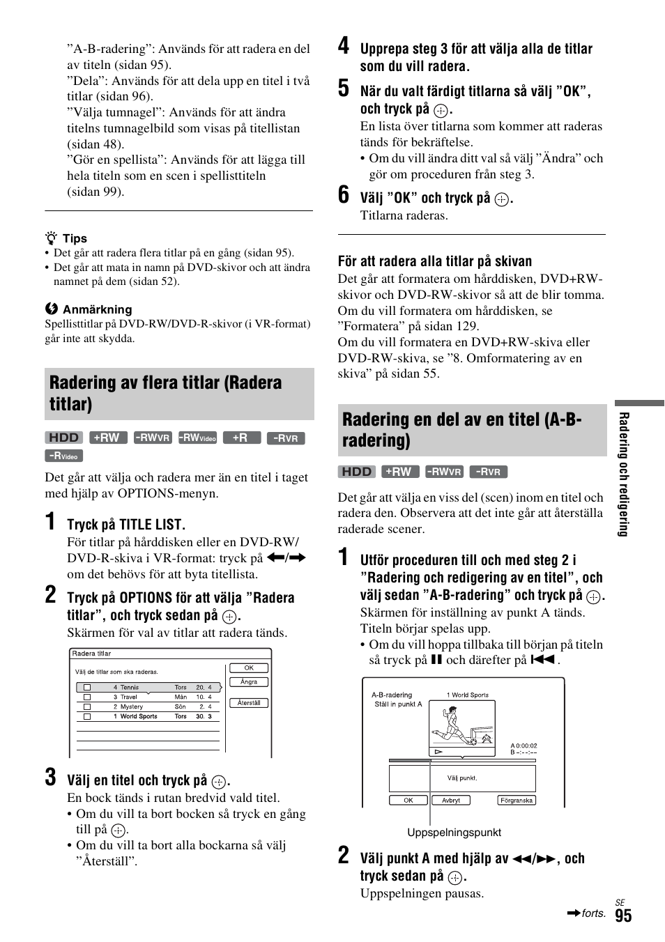 Radering av flera titlar (radera titlar), Radering en del av en titel (a-b- radering), Sidan 95) | Sony DAR-X1R User Manual | Page 401 / 623