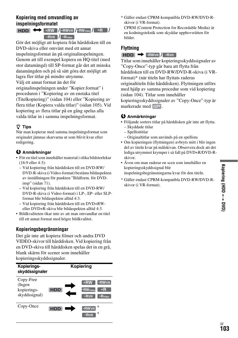 Kopiering med omvandling av inspelningsformatet n, Kopieringsbegränsningar, Flyttning | Sony DAR-X1R User Manual | Page 409 / 623