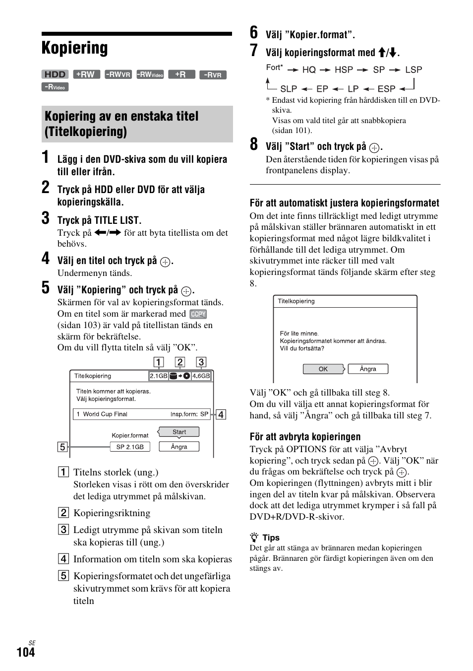 Kopiering, Kopiering av en enstaka titel (titelkopiering), Sidan 104) | Kopiering 1 | Sony DAR-X1R User Manual | Page 410 / 623