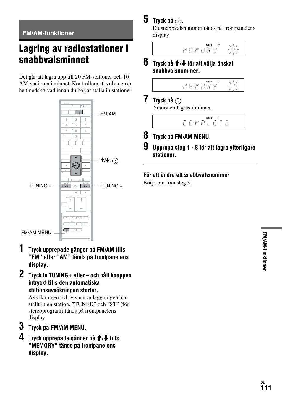 Fm/am-funktioner, Lagring av radiostationer i snabbvalsminnet | Sony DAR-X1R User Manual | Page 417 / 623