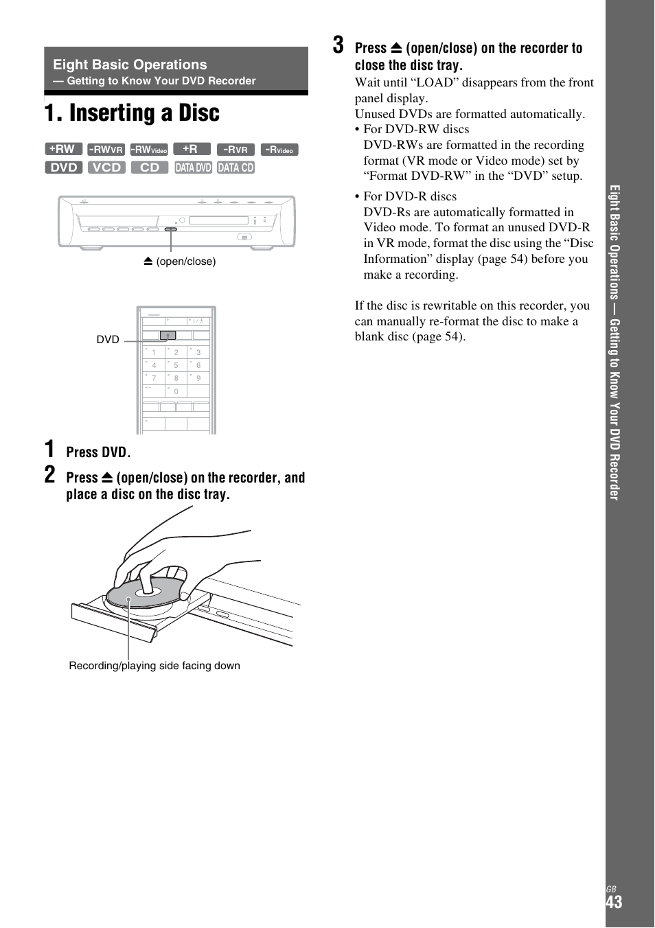 Inserting a disc, Eight basic operations, Inserting a disc 1 | Sony DAR-X1R User Manual | Page 43 / 623