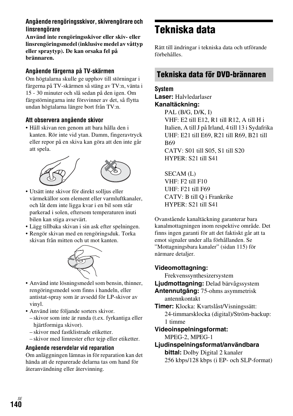 Tekniska data, Tekniska data för dvd-brännaren | Sony DAR-X1R User Manual | Page 446 / 623