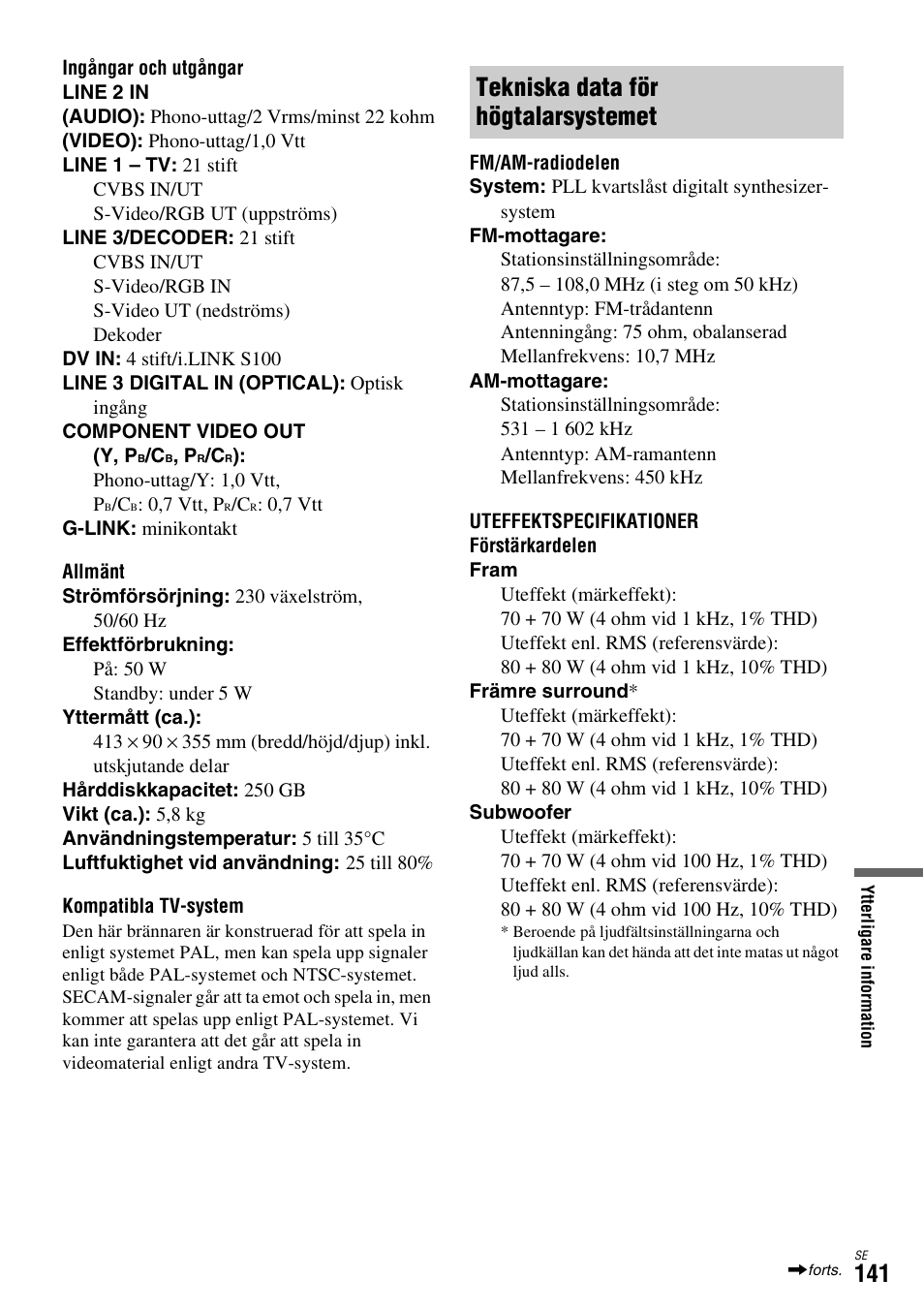 Tekniska data för högtalarsystemet | Sony DAR-X1R User Manual | Page 447 / 623