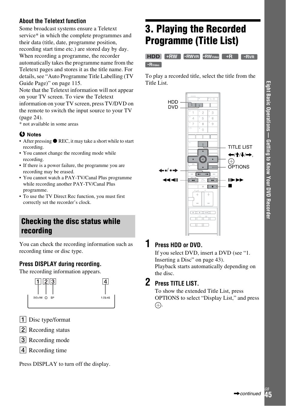 Checking the disc status while recording, Playing the recorded programme (title list) | Sony DAR-X1R User Manual | Page 45 / 623