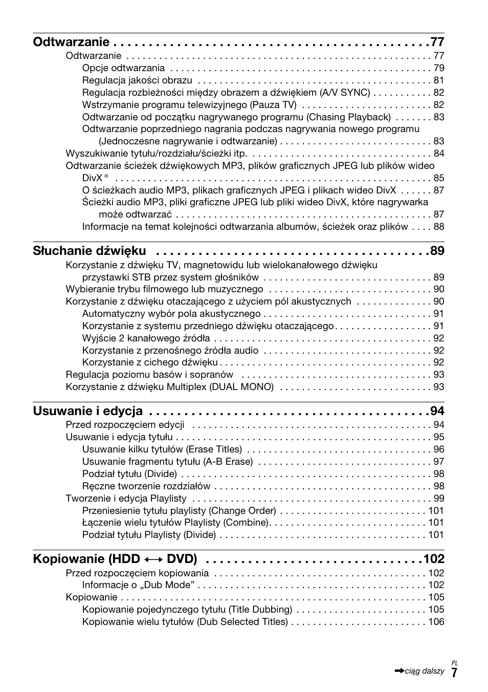 7odtwarzanie, Słuchanie dźwięku, Usuwanie i edycja | Kopiowanie (hdd y dvd) | Sony DAR-X1R User Manual | Page 467 / 623