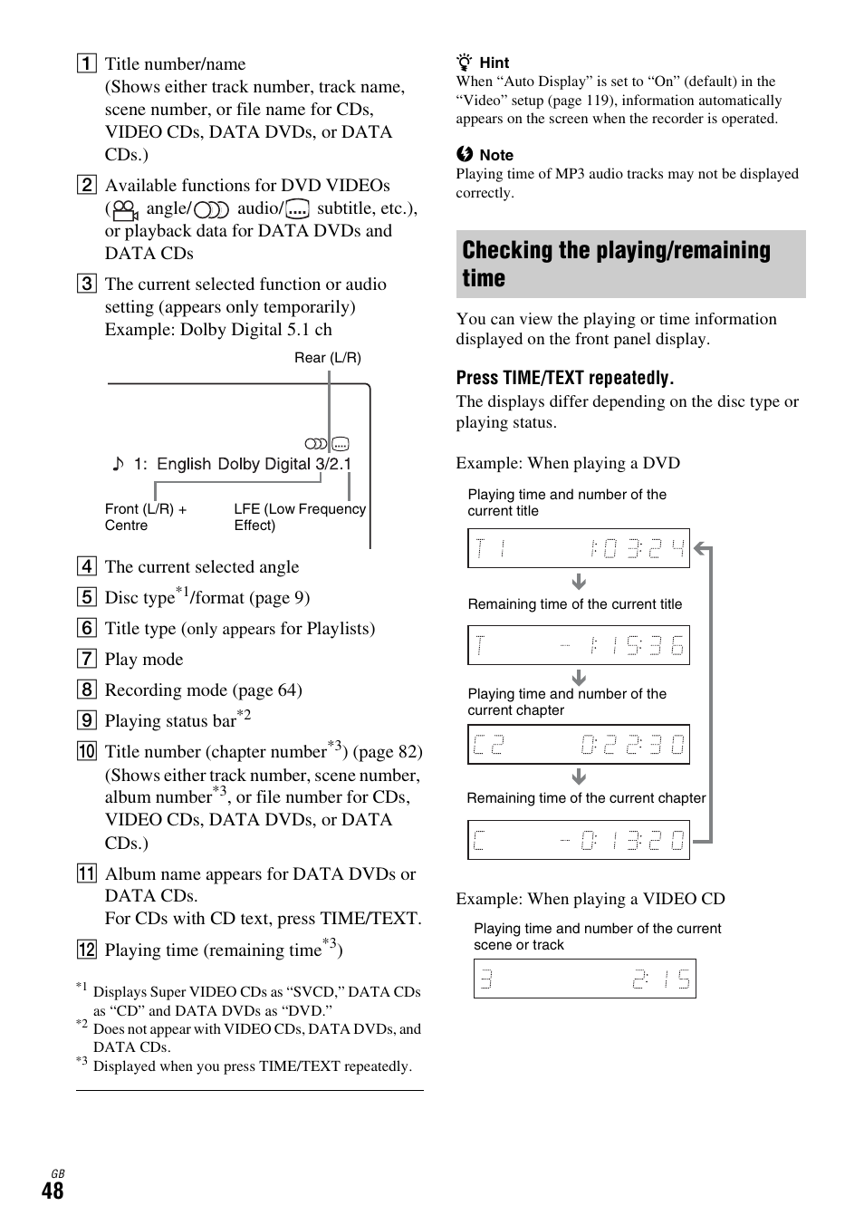 Checking the playing/remaining time | Sony DAR-X1R User Manual | Page 48 / 623