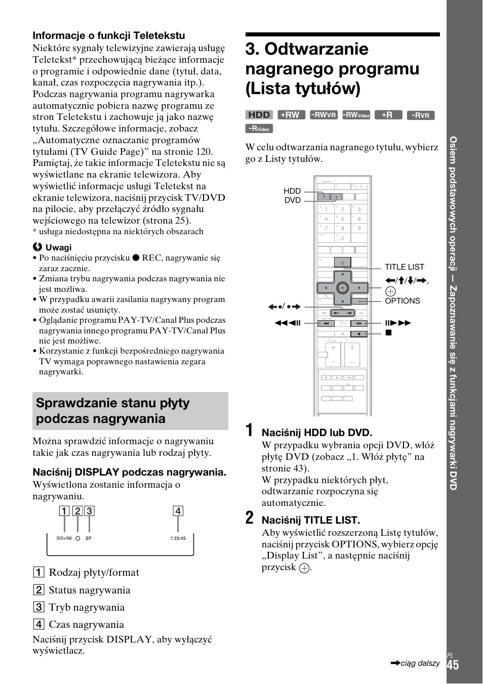 Sprawdzanie stanu płyty podczas nagrywania, Odtwarzanie nagranego programu (lista tytułów) | Sony DAR-X1R User Manual | Page 505 / 623