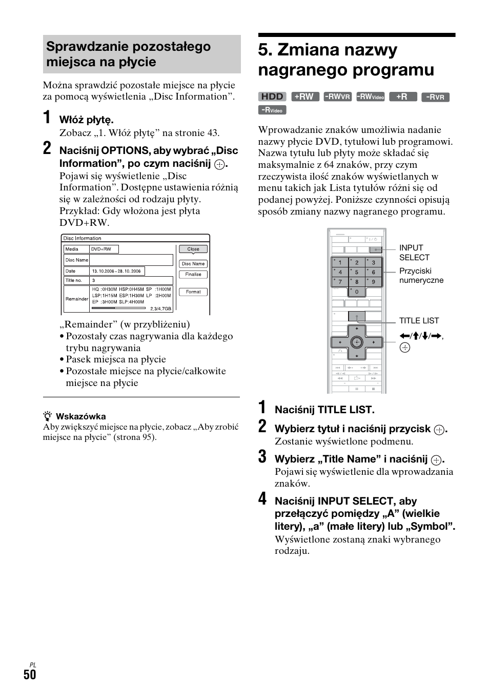 Sprawdzanie pozostałego miejsca na płycie, Zmiana nazwy nagranego programu | Sony DAR-X1R User Manual | Page 510 / 623