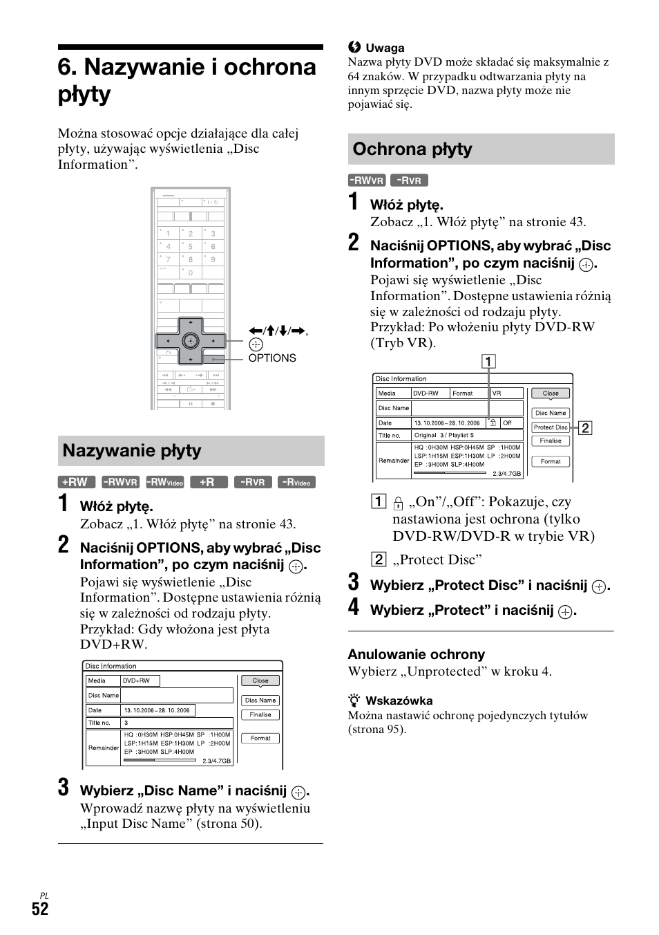 Nazywanie i ochrona płyty, Nazywanie płyty, Ochrona płyty | Nazywanie płyty ochrona płyty | Sony DAR-X1R User Manual | Page 512 / 623
