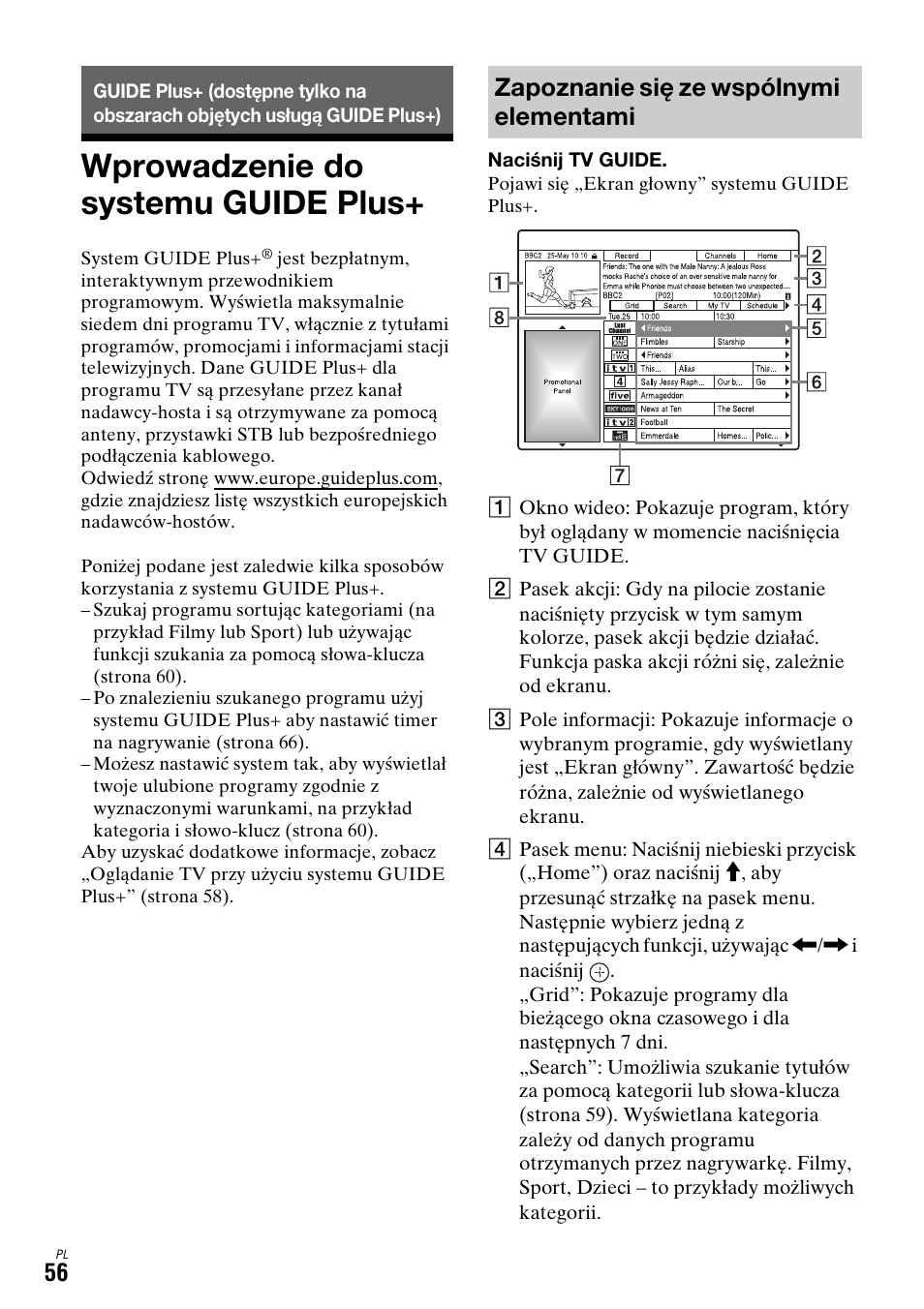 Wprowadzenie do systemu guide plus, Zapoznanie się ze wspólnymi elementami | Sony DAR-X1R User Manual | Page 516 / 623