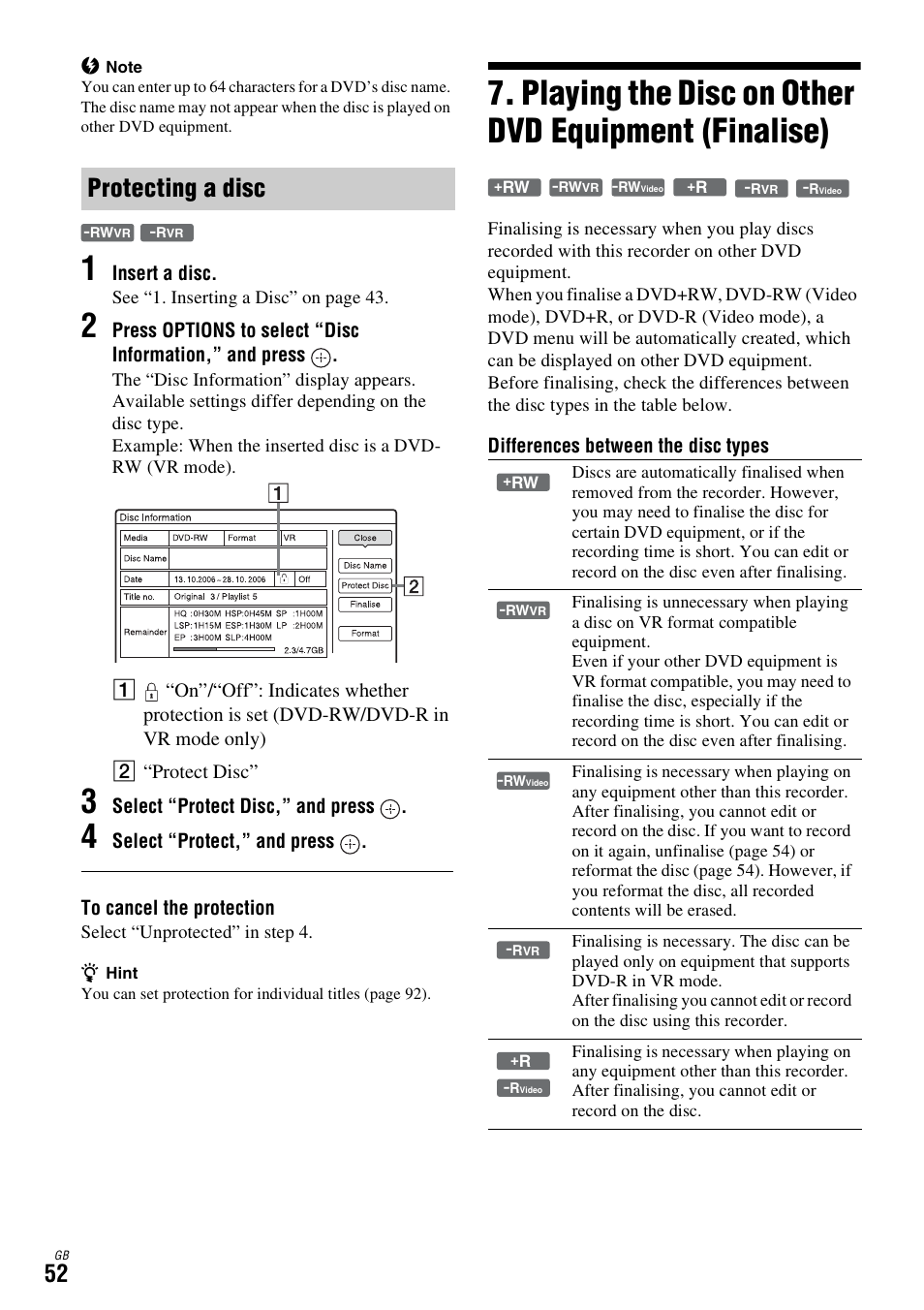 Protecting a disc, Playing the disc on other dvd equipment (finalise) | Sony DAR-X1R User Manual | Page 52 / 623