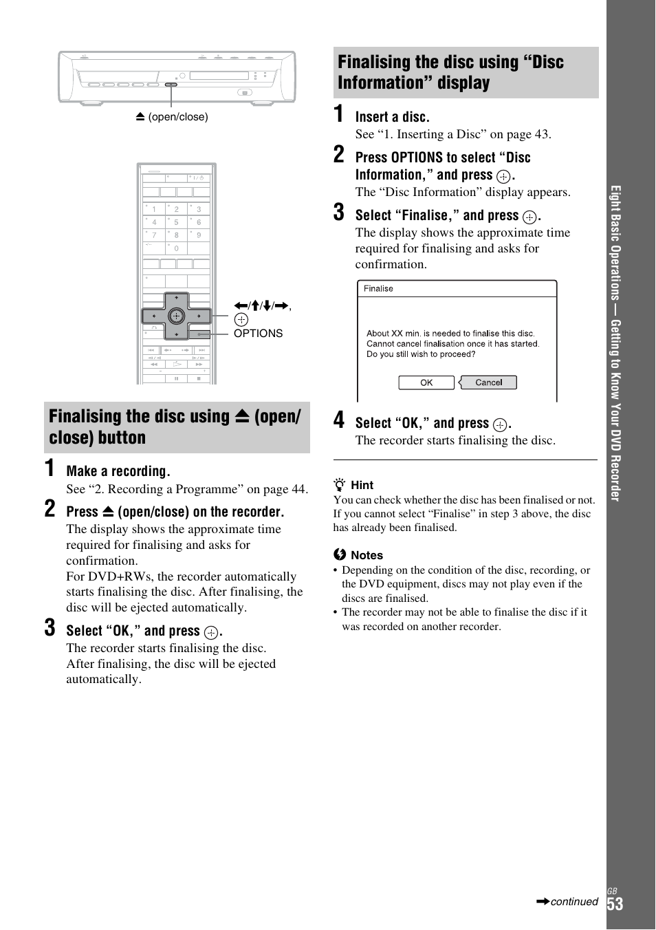 Finalising the disc using z (open/ close) button, Finalising the disc using z | Sony DAR-X1R User Manual | Page 53 / 623
