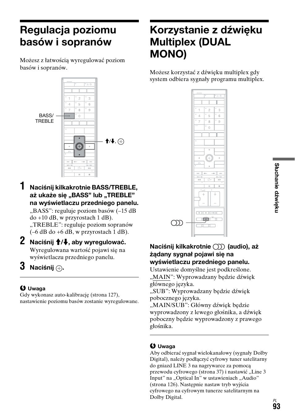 Regulacja poziomu basów i sopranów, Korzystanie z dźwięku multiplex (dual mono) | Sony DAR-X1R User Manual | Page 553 / 623