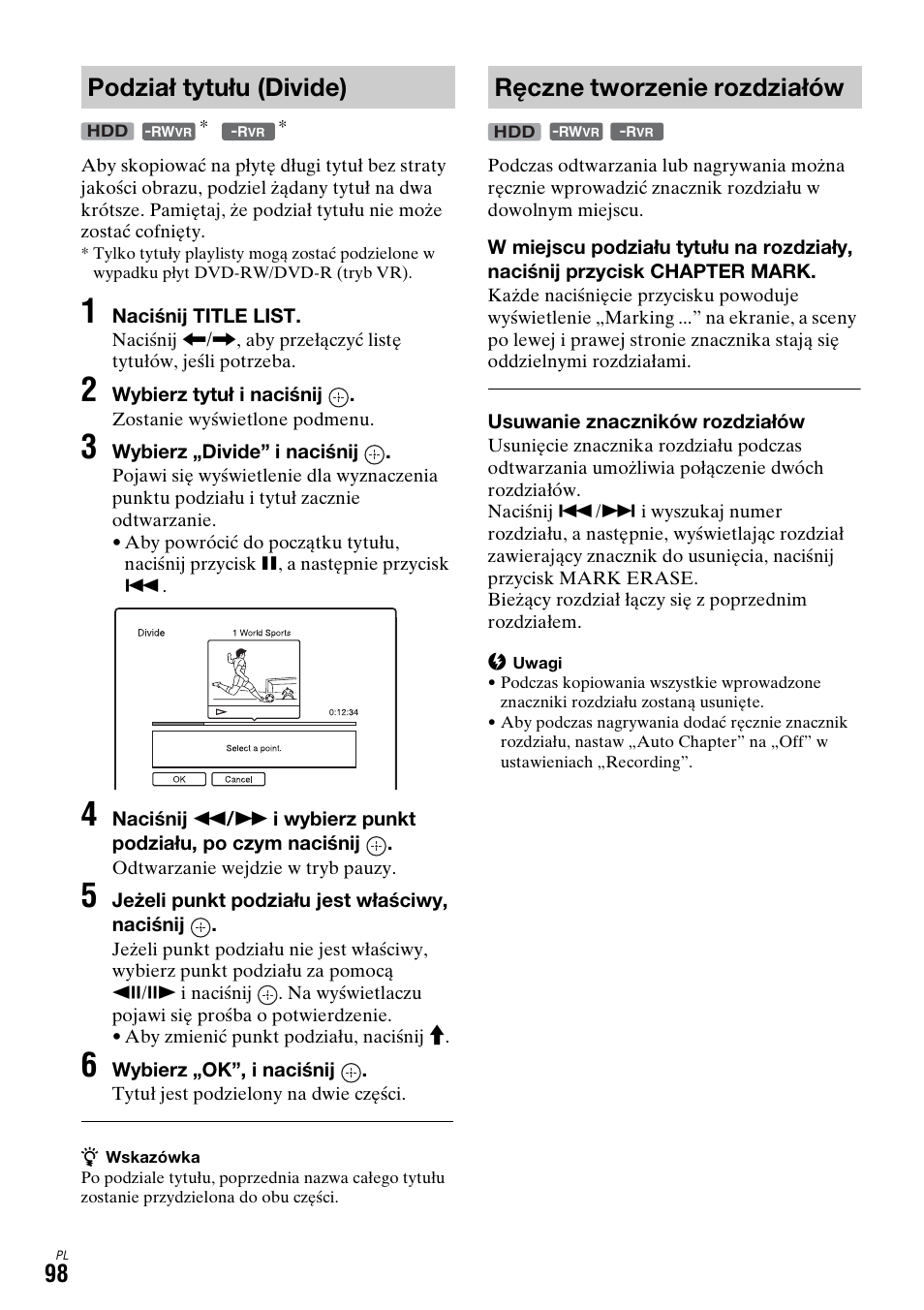 Podział tytułu (divide), Ręczne tworzenie rozdziałów | Sony DAR-X1R User Manual | Page 558 / 623