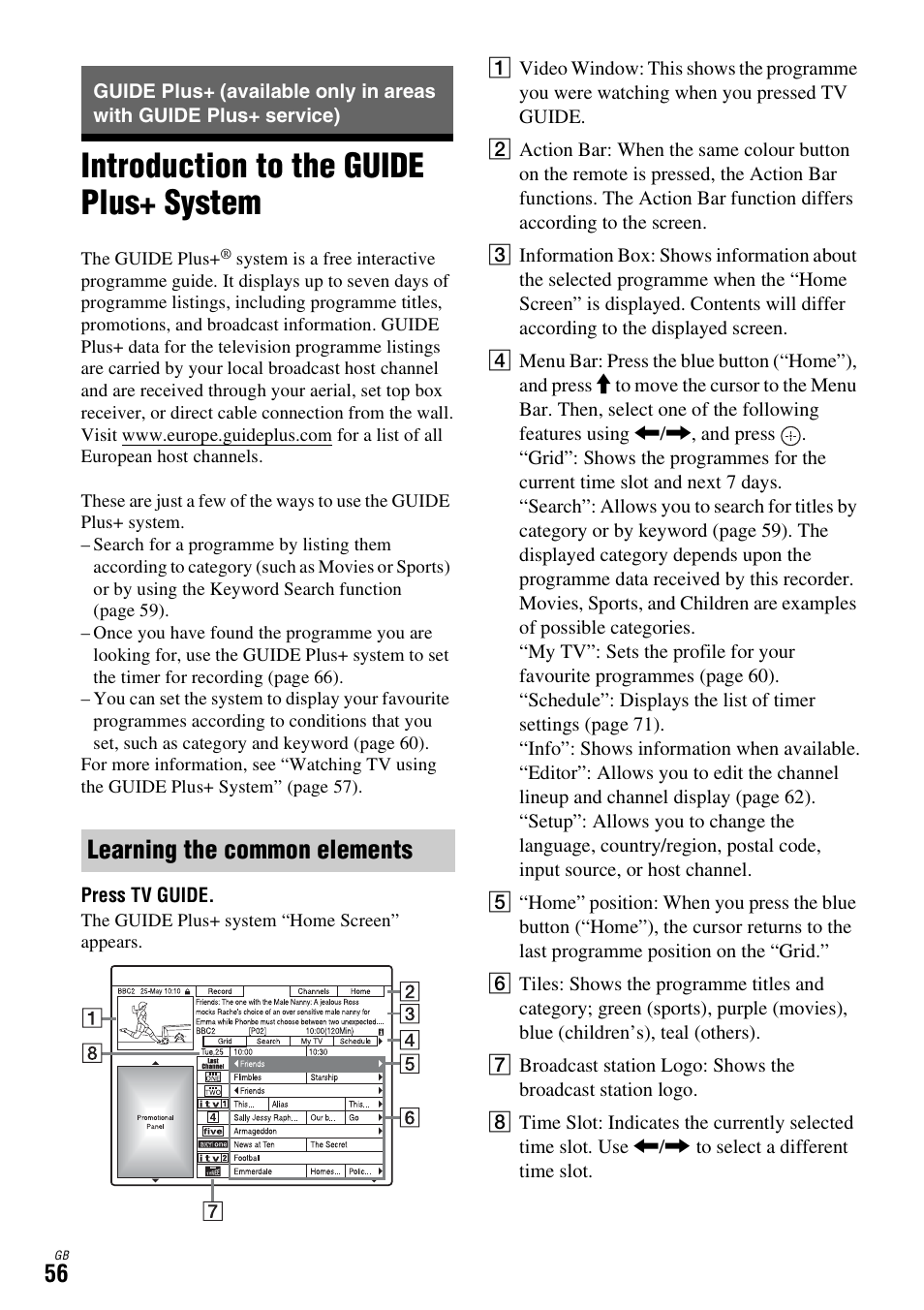 Introduction to the guide plus+ system, Learning the common elements | Sony DAR-X1R User Manual | Page 56 / 623